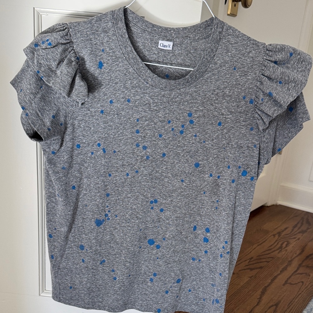 Clare V Women's Gray Tee with Blue Accents and Ruffle Sleeves